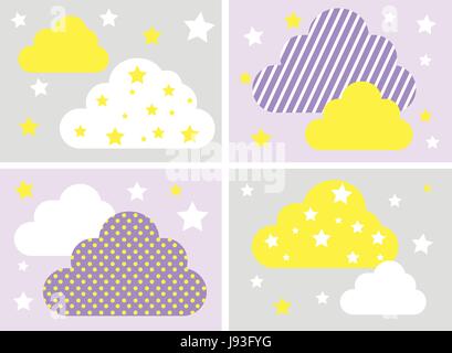 Ensemble d'arrière-plan avec ciel nocturne., stars et les nuages de couleur de jaune, gris, blanc et violet. Vector Illustration Illustration de Vecteur