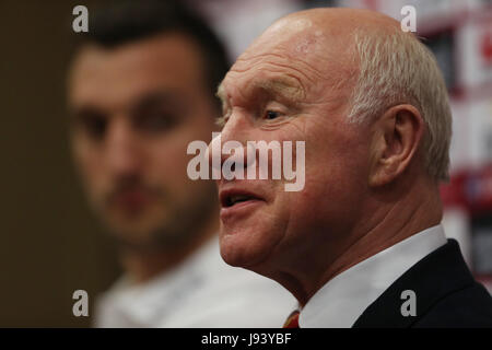 Les Lions britanniques et irlandais' tour manager John Spencer au cours de la conférence de presse à l'hôtel Pullman, Auckland. ASSOCIATION DE PRESSE Photo. Photo date : mercredi 31 mai 2017. Voir histoire RUGBYU PA Lions. Crédit photo doit se lire : David Davies/PA Wire. RESTRICTIONS : un usage éditorial uniquement. Aucun usage commercial.obscurcissement de logos. Banque D'Images