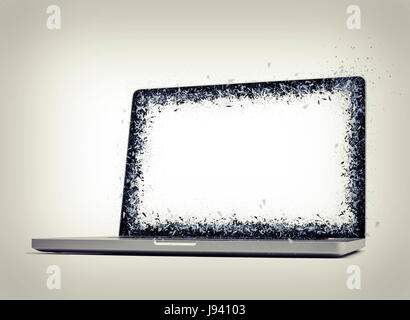 Ordinateur portable à partir de l'écran et l'explosion de l'égrenage sur gradient background Banque D'Images