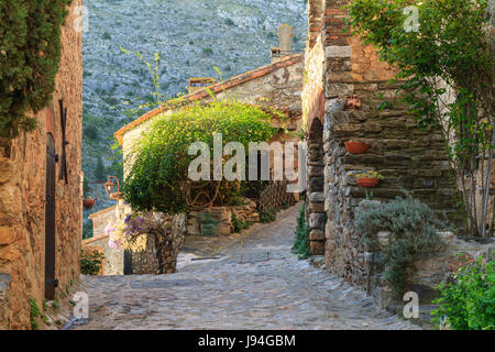 France, Pyrénées Orientales, Castelnou, étiqueté Les Plus Beaux Villages de France (le plus beau village de France), rue du village Banque D'Images