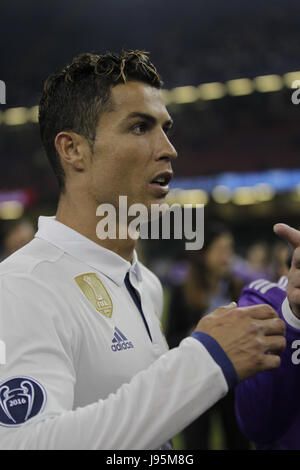 3e juin 2017, Cardiff City Stadium, au Pays de Galles ; finale de la Ligue des Champions, la Juventus FC et Cristiano Ronaldo célèbre la victoire Banque D'Images