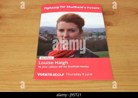 Sheffield, Royaume-Uni. Juin 2017, 5ème. Dépliant de la campagne électorale au nom de Louise Haigh MP, le candidat du parti travailliste pour la circonscription de Heeley Sheffield, UK. 5 juin, 2017. Élection générale. Credit : Cofiant Images/Alamy Live News Banque D'Images