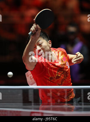 Dusseldorf, Allemagne. 5 juin, 2017. Zhendong de Chine célèbre du ventilateur pendant le dernier match du tournoi contre son compatriote Ma Long à la 2017 World Table Tennis Championships à Düsseldorf, Allemagne, le 5 juin 2017. Credit : Shan Yuqi/Xinhua/Alamy Live News Banque D'Images