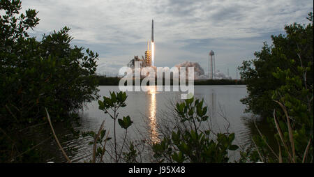 La fusée Falcon 9, SpaceX avec spatial Dragon à bord, lance à partir de 39A à la NASA·s Kennedy Space Center à Cape Canaveral, en Floride, le samedi, 3 juin 2017. Dragon est transportant près de 6 000 livres de la science, de la recherche et des fournitures de l'équipage du matériel à la Station spatiale internationale à l'appui de l'Expédition 52 et 53 membres d'équipage. Le tronc sans pression de l'engin de transport seront également des panneaux solaires, des outils pour l'observation de la Terre et de l'équipement pour l'étude des étoiles à neutrons. Ce sera le 100e lancement, et sixième SpaceX lancement, à partir de ce clavier. Les lancements précédents : 11 vols Apollo Banque D'Images