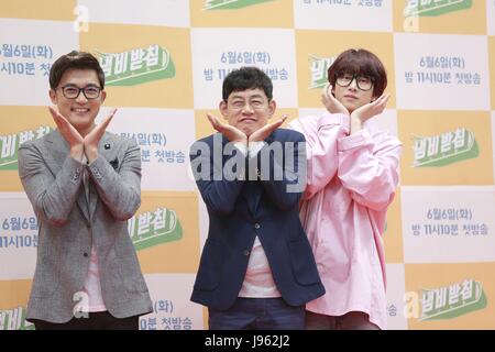 Séoul, Corée. Le 05 juin, 2017. Kim Hee Chul, Ahn Jae Wook, Kyung-gyu Lee promouvoir leur nouvelle TV Show stand wok à Séoul, Corée, le 05 juin, 2017.(La Chine et la Corée à l'homme) Credit : TopPhoto/Alamy Live News Banque D'Images