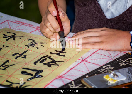 Calligraphe - Chinese girl faisant de l'exercice de calligraphie Banque D'Images