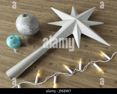 3D render of white star décoration dépoli et boules de décoration de Noël avec des lumières blanches sur un fond backgroundn en bois Banque D'Images