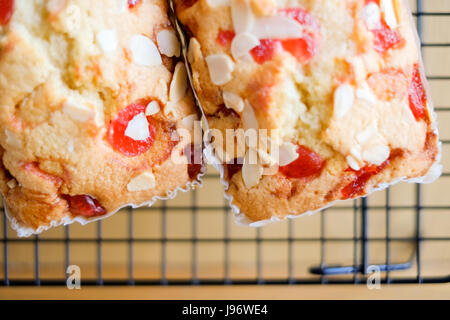 Des plats maison. Deux gâteaux aux amandes et cerises sur une grille de refroidissement. Banque D'Images