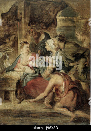 *Anbetung der drei Hirten*, également connu sous le nom de *Adoration des bergers*, est une peinture de Peter Paul Rubens représentant la scène de la Nativité avec la visite des bergers au Christ nouveau-né. Banque D'Images
