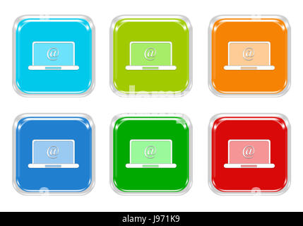 Ensemble de boutons colorés au carré avec le symbole de l'ordinateur en bleu, vert, rouge et orange Banque D'Images