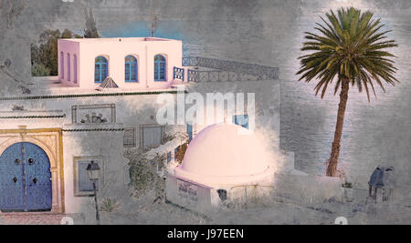 Sidi Bou Saïd, célèbre village avec l'architecture traditionnelle tunisienne. Banque D'Images