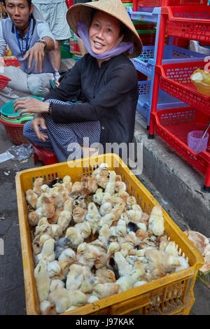 Femme vendant canetons, pouvez Duoc Marché, Province de Long An, Delta du Mekong, Vietnam Banque D'Images
