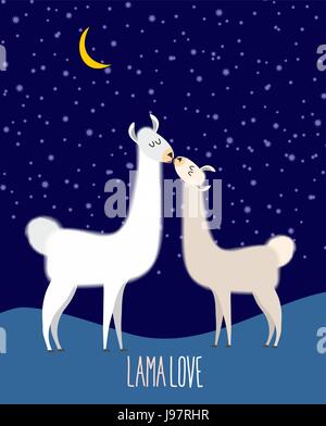 Llama Alpaca. Deux lamas mignon Kiss la nuit sous le ciel étoilé. Lama l'amour. Vector illustration Illustration de Vecteur