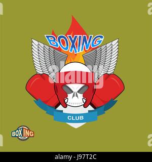 Bouclier sport emblème. Logo crâne de boxe. Logo Club de boxe. Crâne en gants de boxe et casque, avec des ailes et du feu Illustration de Vecteur