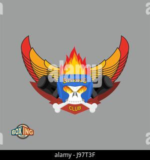 Bouclier sport emblème. Logo crâne de boxe. Logo Club de boxe. Crâne en gants de boxe et casque, avec des ailes et du feu Illustration de Vecteur