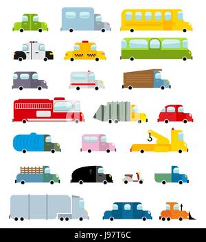 Jeu de voiture style dessin animé. Grande collection d'icônes de transport. Jeu de la masse des véhicules. L'ambulance et les autobus scolaires. Scooter et un camion de pompiers. Voiture de police et un corbillard. Illustration de Vecteur
