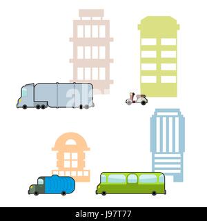 Définir transport municipal et les bâtiments publics. Transport de passagers par autobus et de gratte-ciel. Déchets et recyclage usine. Scooter et bâtiment universitaire. Illustration de Vecteur