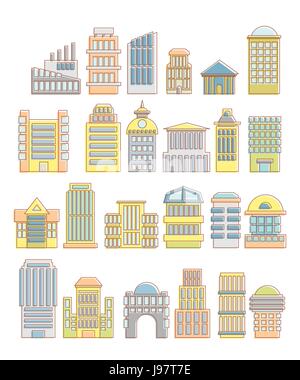 Collection de bâtiments, maisons et objets architecturaux. Éléments urbains dans un style de dessin animé. Icônes d'édifices publics et des installations. Gratte-ciel et Illustration de Vecteur