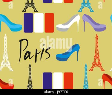 Modèle sans couture Paris. Pavillon de la France et de la Tour Eiffel. Les chaussures de femmes. Texture tissu Illustration de Vecteur