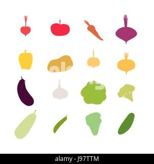 Silhouette légumes icons Set. Vector illustration. Les carottes et les pommes de terre, betteraves et radis, chou et l'ail, l'aubergine et la tomate. Illustration de Vecteur