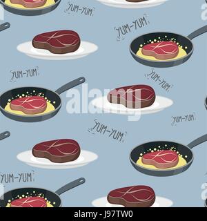 Steak de vache sur une assiette. Escalope de porc à la poêle. Modèle sans couture de la viande. Yum-Yum. Vector illustration. Filet de fond Illustration de Vecteur