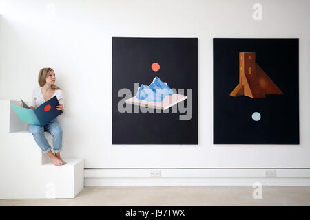 Élève de peinture Joanna Wickham est situé sur deux de ses peintures, intitulée Lonely Peak (à gauche) et une chambre pour regarder le coucher de soleil (à droite), lors de l'exposition de travail par étudiants en art et design à l'Université d'Édimbourg. Banque D'Images