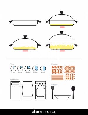 Instructions de cuisson dans la rôtissoire. Réglé sur manuel sur la préparation. L'emballage et de produits comprend : des pâtes et riz, crevettes et rigatony. L'INFOGRAPHIE Illustration de Vecteur