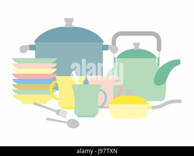 Des ustensiles de cuisine. Électrique et des tasses. Ensemble de plaques. Vector illustration. Illustration de Vecteur