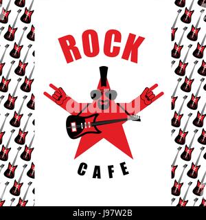 Rock Cafe. Modèle de logo pour la musique rock bar. Star avec l'électro et guitare rock signe la main. Illustration de Vecteur