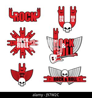 Logo Rock Ensemble. Pas encore de logo pour groupe de rock. Attributs de rock and roll : guitare, du crâne et des ailes. Logo Template pour Rock Festival ou d'un parti. Illustration de Vecteur