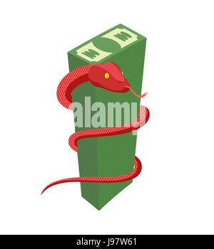 Serpent rouge entoure gros tas d'argent. Cobra et de dollars. Reptiles dangereux protège l'argent comptant. Vector illustration Illustration de Vecteur