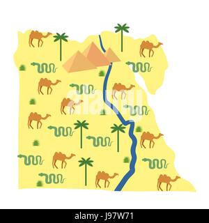 Carte de l'Égypte. Personnages et sites touristiques de l'Égypte : pyramides et des chameaux. Palm et serpent. La rivière du Nil. Vector illustration. Illustration de Vecteur