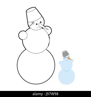 Le Snowman livre à colorier. Caractère de Noël hors de la neige. Joyeux bonhomme à la carotte et le godet sur sa tête. Sculpture sur neige nouvel an. Illustration de Vecteur