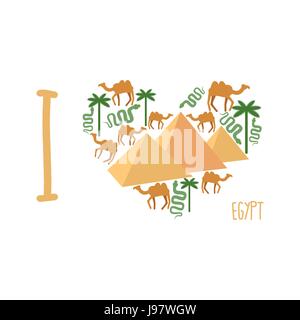 J'adore l'Égypte. Symbole de coeur de sites touristiques du pays : pyramides et des chameaux, des serpents, et de palmiers. Logo touristique. Vector illustration Illustration de Vecteur