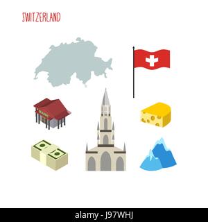 Ensemble d'icônes pour la Suisse. La carte et drapeau du pays. La cathédrale de Berne et les banques. Vector illustration Illustration de Vecteur