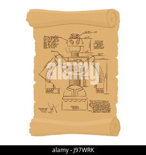Vieux Dessin de robot sur faire défiler. Conception de dispositifs technologiques de l'avenir sur document historique. Diagramme Smart cyborg. Invention inhabituelle de Léonard de Illustration de Vecteur