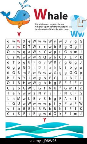 Labyrinthe lettre W. Cette feuille de travail aide les enfants à reconnaître et à nommer des capitaux et des lettres minuscules. Les enfants exercent également leur capacité de réflexion et la motricité fine comme ils naviguer le labyrinthe des baleines. mer. Illustration de Vecteur
