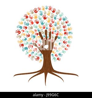 Les droits de l'empreinte de l'arbre avec les mains de multicolore colorful groupe ethnique. L'aide de la communauté diversifiée mondiale ou l'unité d'équipe concept illustration. EPS10 vecto Illustration de Vecteur