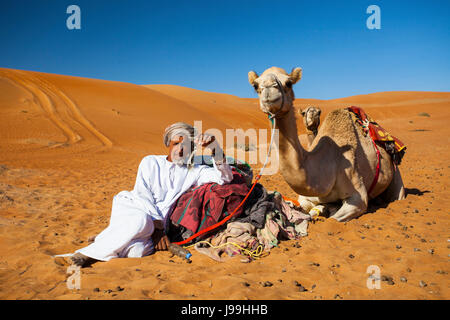 Bédouin, chameau, Sharqiya Sands Désert, Désert de Wahiba, Oman, Péninsule Arabique, par Monika Hrdinova/Dembinsky Assoc Photo Banque D'Images