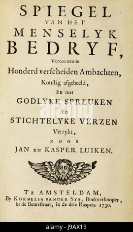 Spiegel van het menselyk bedryf en Kasper porte Jan Luiken te Amsterdam par Kornelis vander Sys dans Boekverkoper Beurstraat de 1730 Banque D'Images