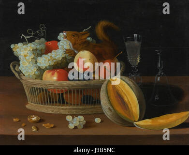 Nature morte avec un panier de fruits et un écureuil, verres, et d'un melon coupé par Foppens Jacob van Es Banque D'Images