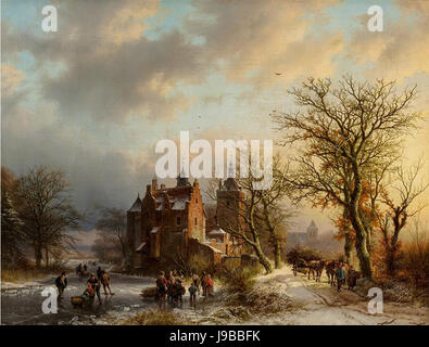 Paysage d'hiver avec patineurs et les ramasseurs de bois par Jean Clouet, 1854 Banque D'Images