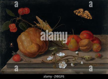 Nature morte avec fruits, une sauterelle et un papillon, par Maria Sibylla Merian Banque D'Images