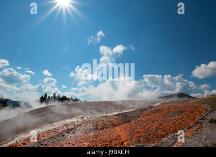 De l'écoulement des eaux de la vapeur de l'Excelsior Geyser dans le Parc National de Yellowstone dans le Wyoming USA Banque D'Images