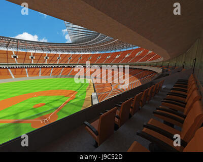 3D render of baseball stadium avec sièges orange, loges VIP et des projecteurs pour les centaines de milliers de personnes Banque D'Images