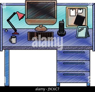 Crayon couleur stripe silhouette de travail office interior Illustration de Vecteur