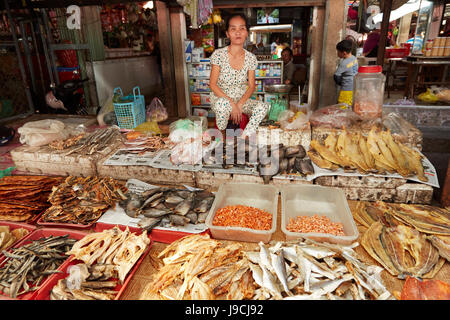 Femme vendant du poisson séché, peut, de temps un marché Duoc Province, Delta du Mékong, Vietnam Banque D'Images