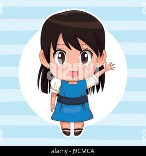 La couleur de fond à rayures bleu avec châssis circulaire et cute anime girl message d'expression avec les cheveux droits Illustration de Vecteur