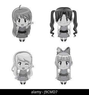 Full body set monochrome tennagers anime mignon expression faciale filles Illustration de Vecteur