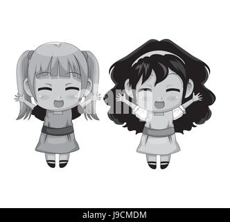 Corps complet monochrome couple cute anime girl expression du visage sourire et jump Illustration de Vecteur